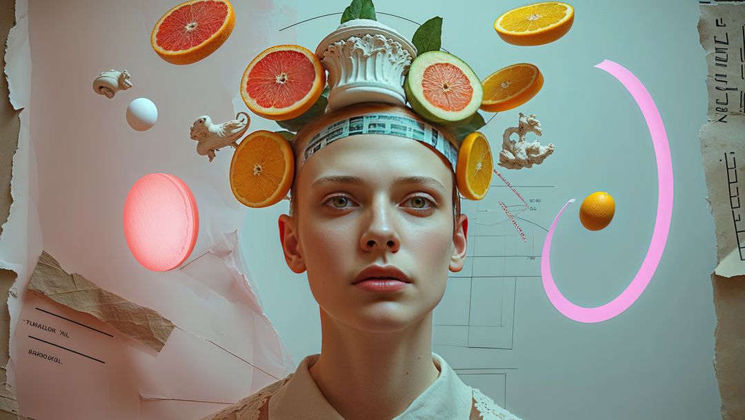 Surreal Female Portrait with Citrus and Architectural Headpiece