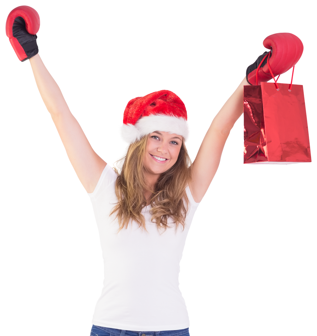 Festive Young Woman with Boxing Gloves Holding Shopping Bag on Transparent Background - Download Free Stock Images Pikwizard.com