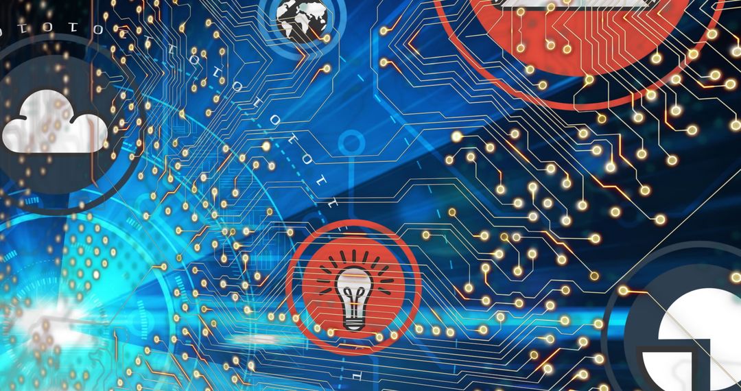 Abstract Circuit Board with Tech Icons on Digital Network Background