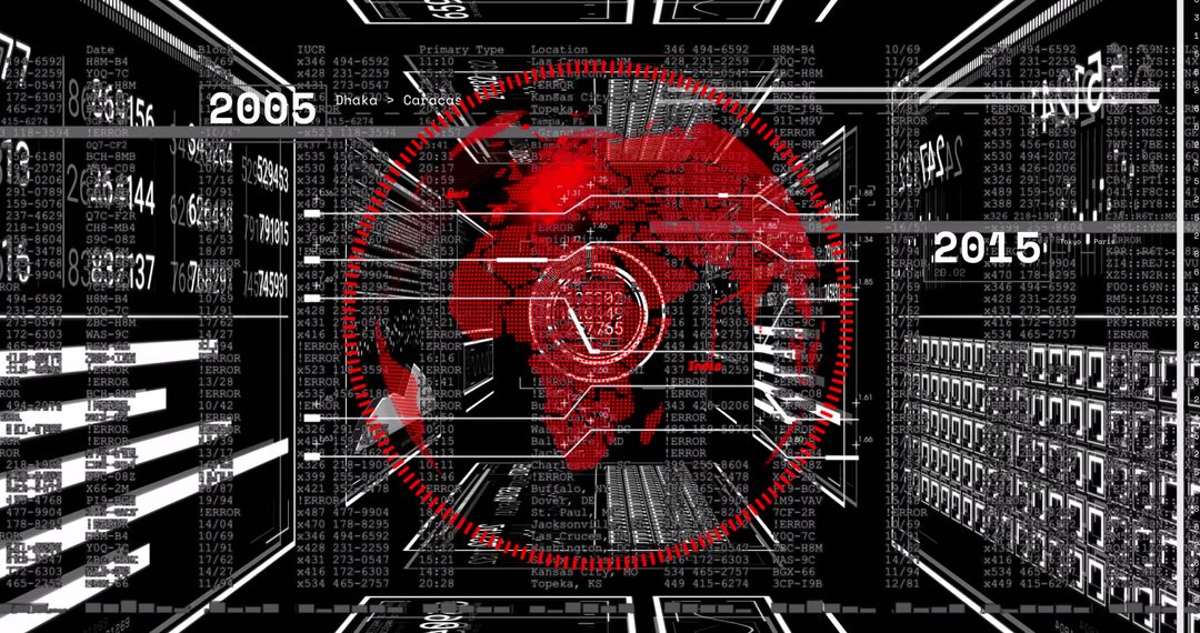 Futuristic Red World Map Interface in Digital Data Corridor