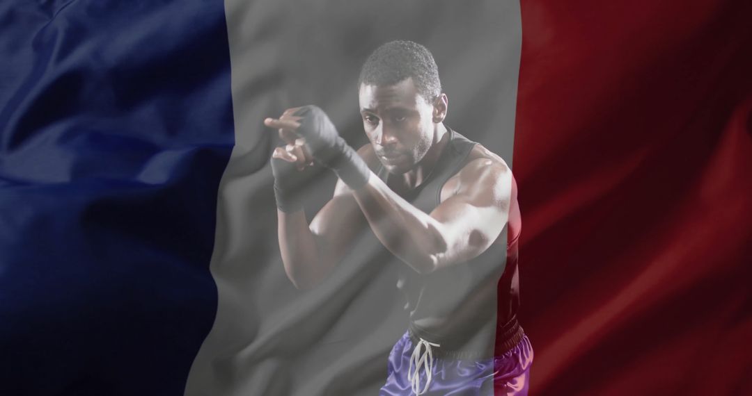 Confident Boxer with French Flag Overlay Background