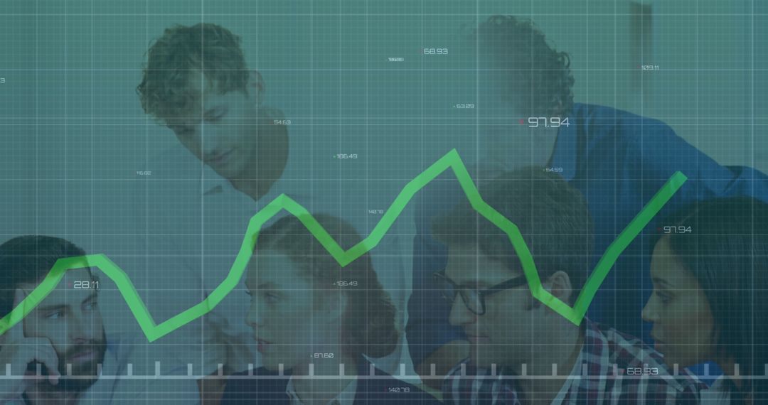 Diverse Team Analyzing Financial Data with Overlay Graph