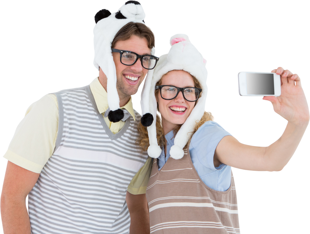 Transparent Geeky Hipster Couple Taking Selfie with Smartphone - Download Free Stock Images Pikwizard.com