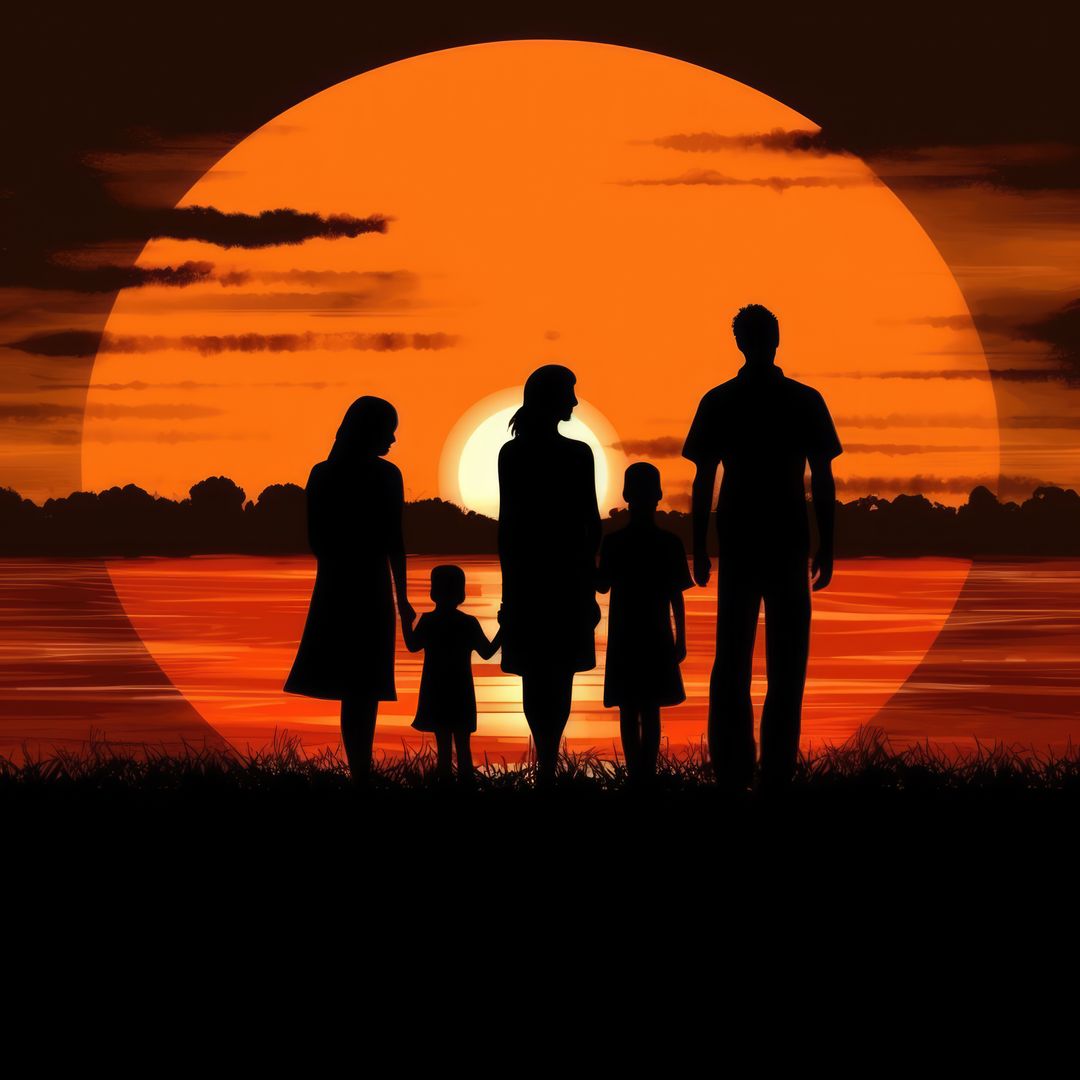 Silhouette of couple with three daughters at sunset, created using generative ai technology - Free Images, Stock Photos and Pictures on Pikwizard.com