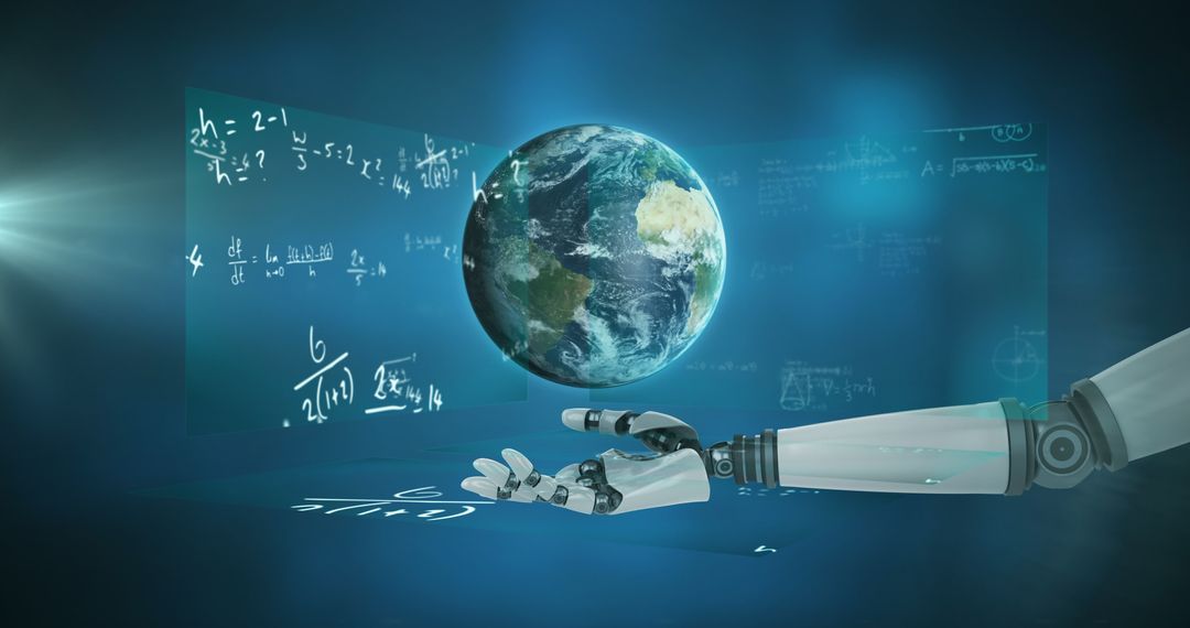 Futuristic Robotic Hand Balancing Digital Globe with Equations
