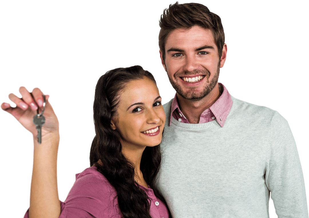 Cheerful Couple Holding Transparent Keys Smiling White Background