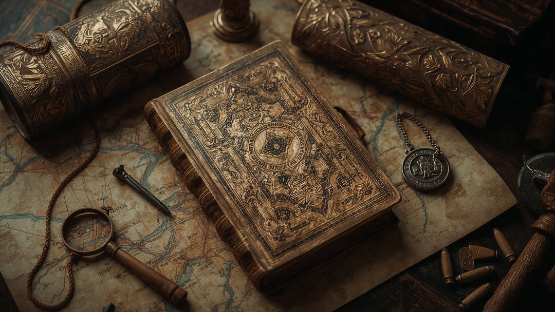 Vintage Embossed Book with Map and Antiquities on Wooden Desk