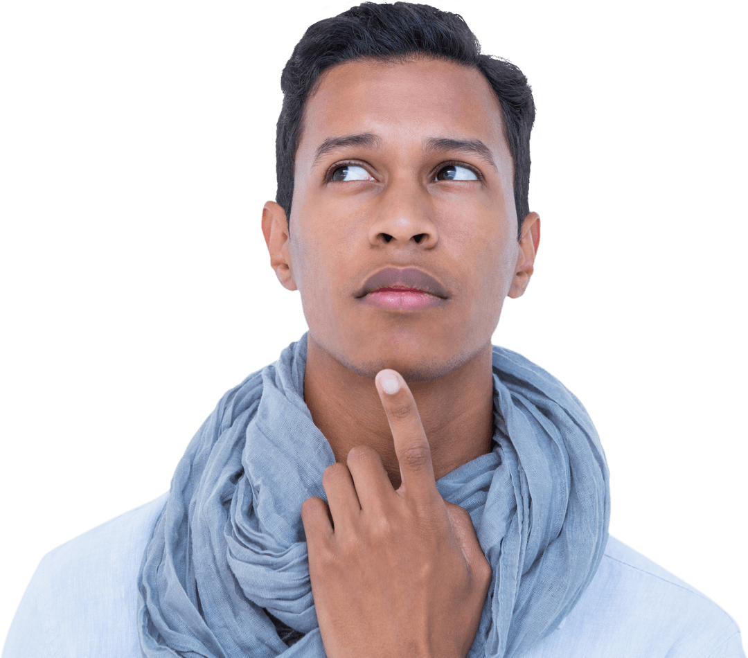 Thoughtful Man with Scarf Looking Sideways on Transparent