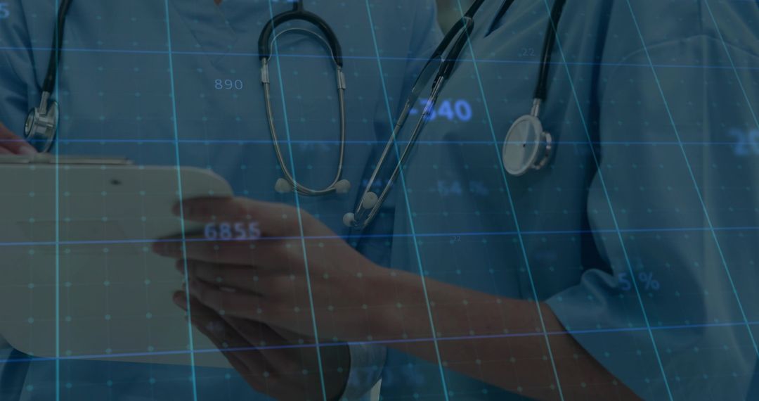 Clinician tapping tablet with stethoscopes, digital grid overlay showing health data analytics