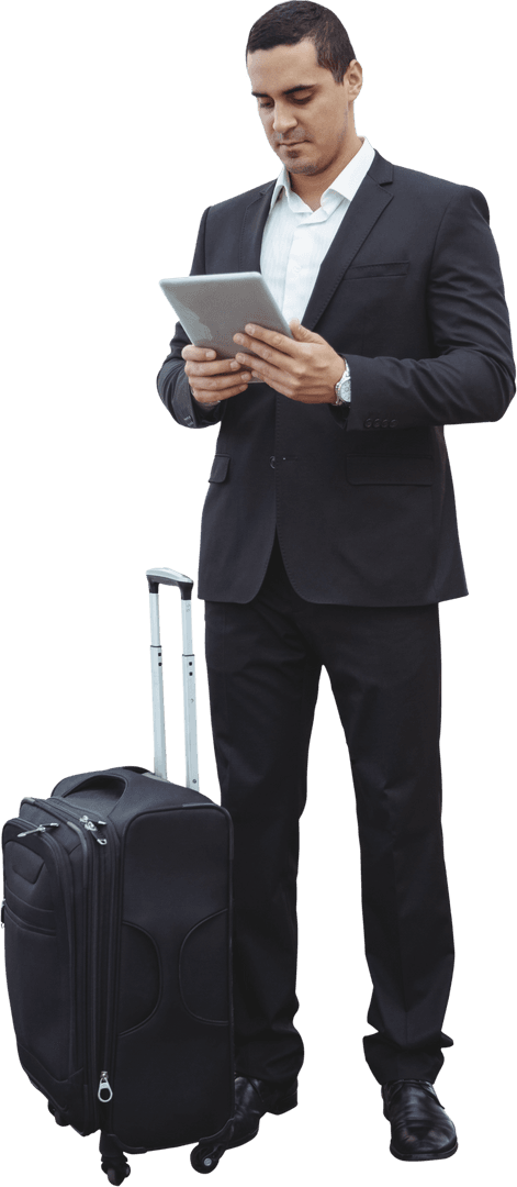 Transparent Businessman with Luggage Holding Tablet