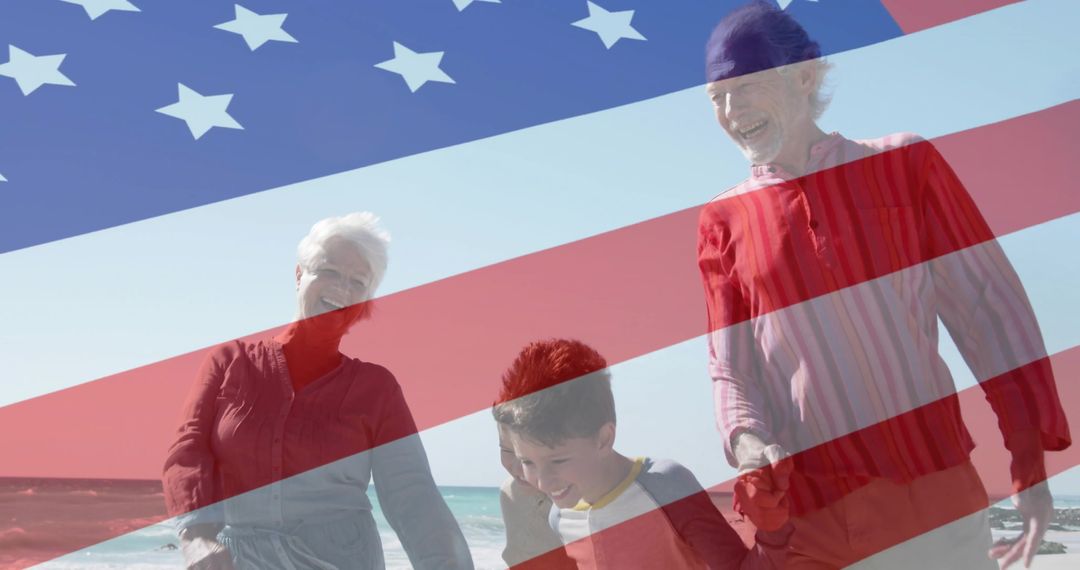 Multigenerational Family Beach Stroll Under US Flag Overlay