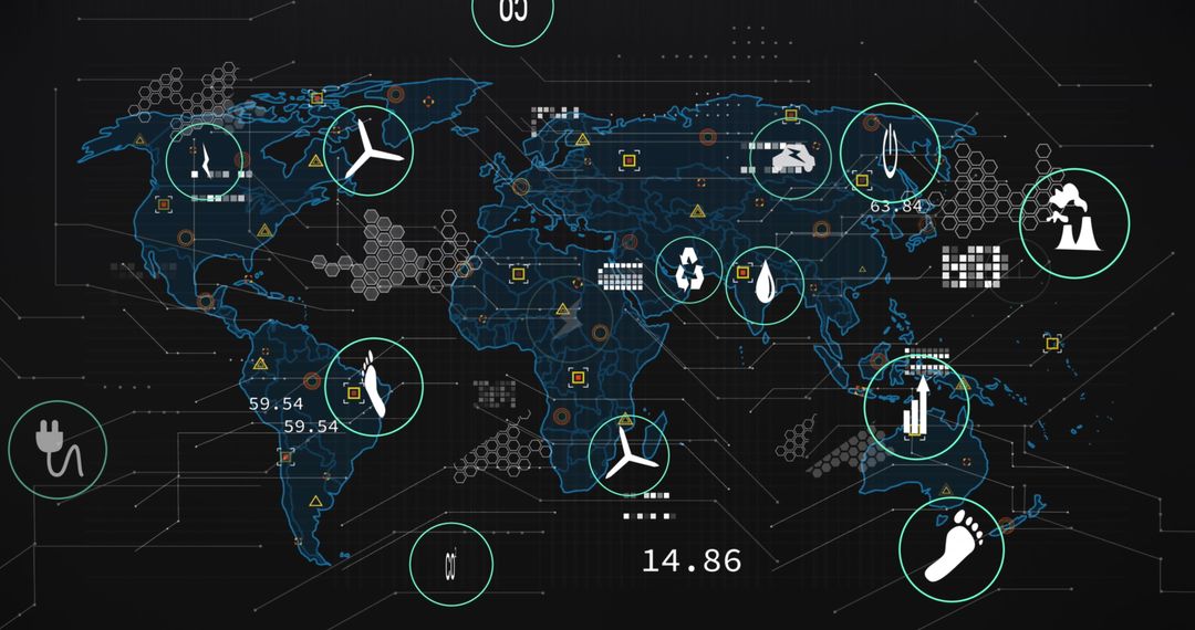 Global data processing on futuristic world map interface