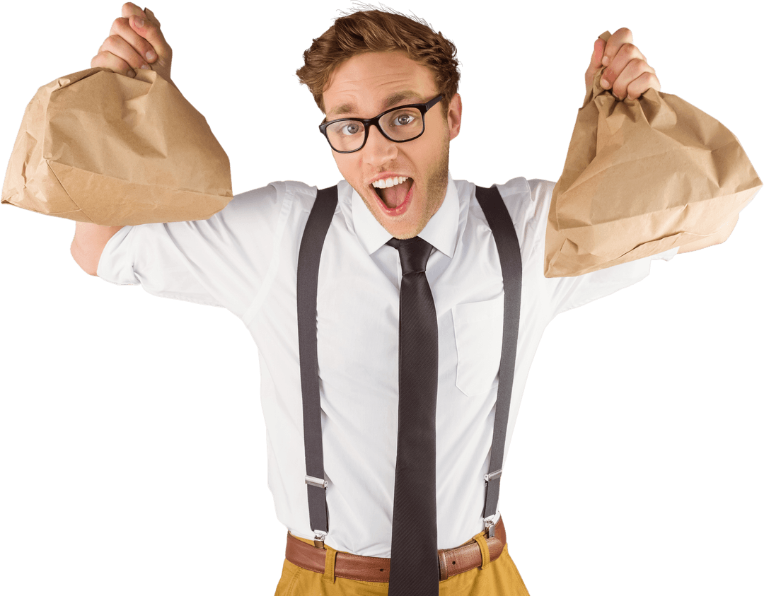 Geeky Businessman Holding Paper Bags Celebrating Transparent Success