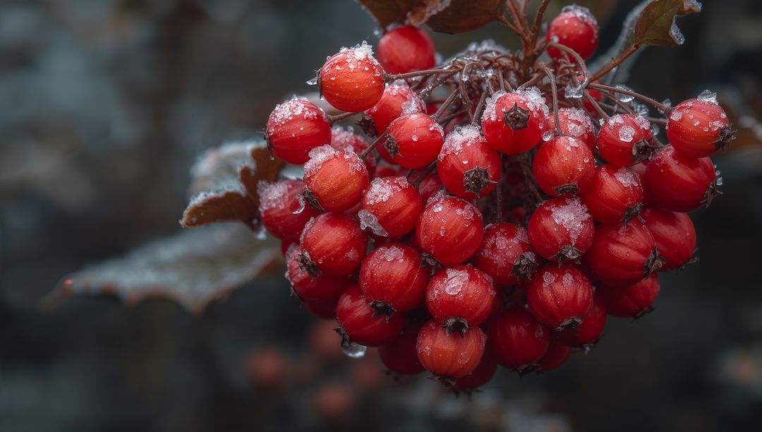 Frosted red berry cluster with melting ice crystals on winter branch, macro closeup