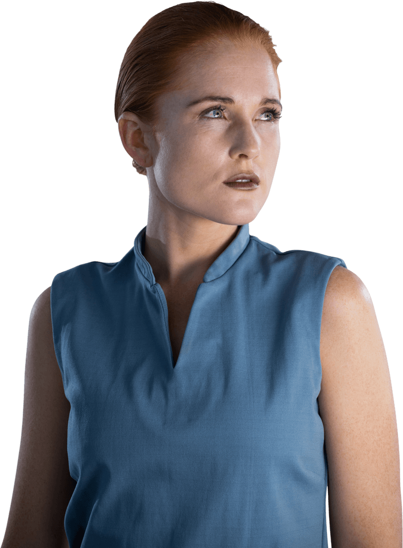 Contemplative Businesswoman with Auburn Hair on Transparent Background