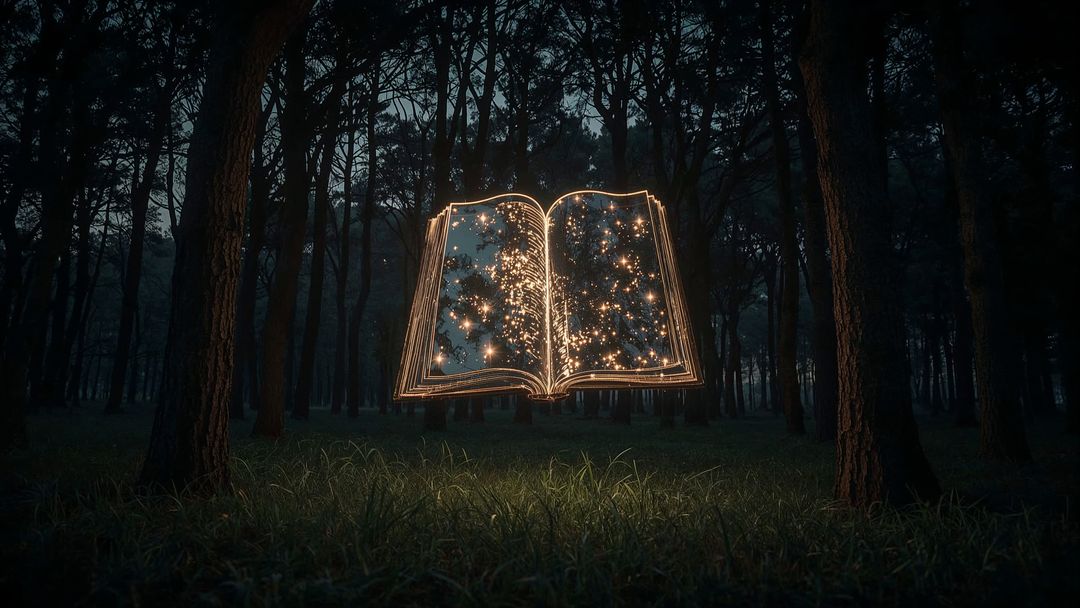 Glowing Magical Book in Mysterious Forest Clearing