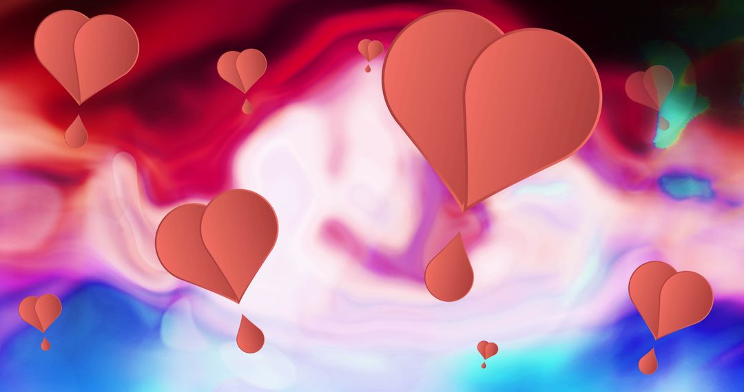 Floating Pink Hearts on Colorful Abstract Background