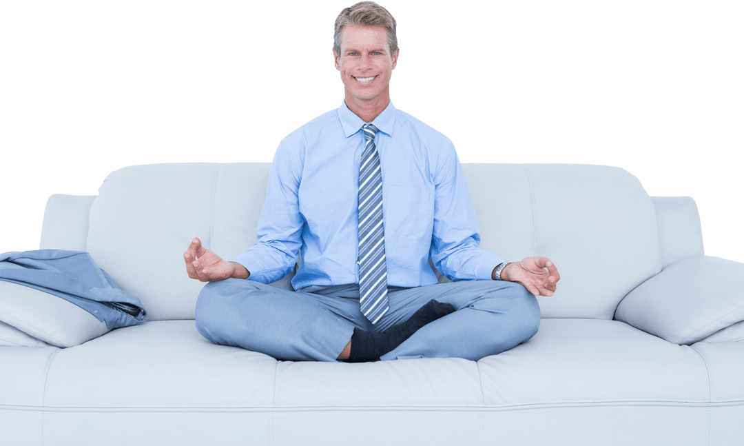 Transparent Businessman Meditating in Office on Couch