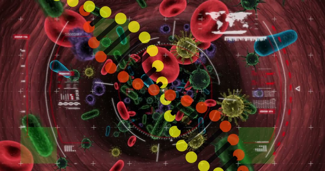 DNA Strand and Data Overlay on Virus Cells in Digital Concept Art