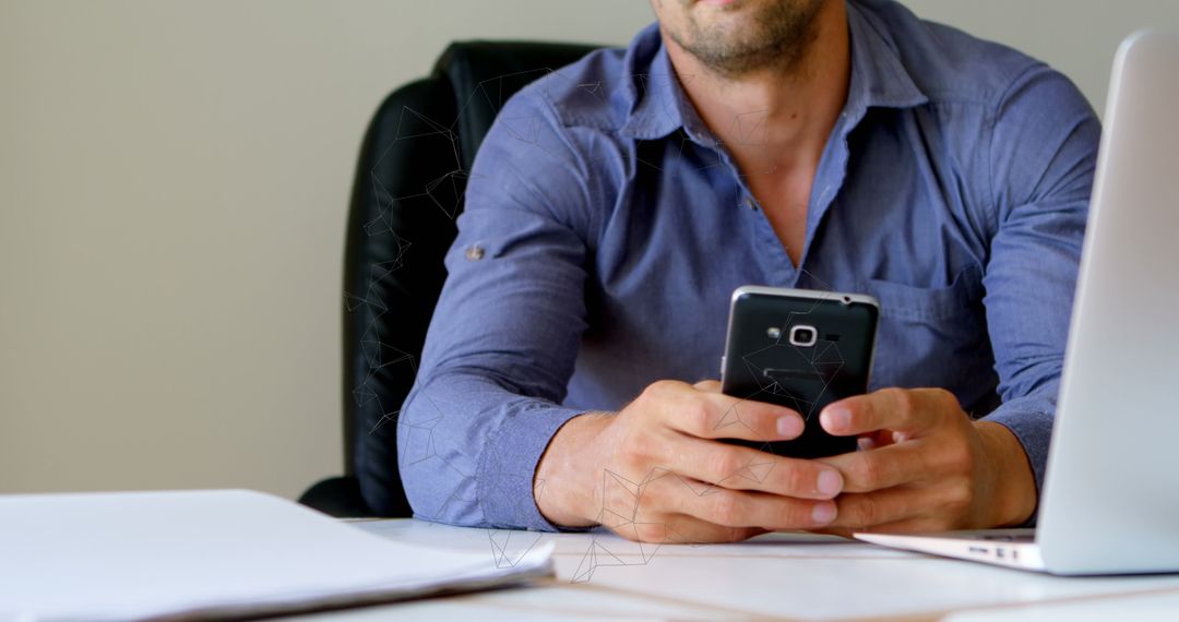 Caucasian Man Using Smartphone with Digital Network Overlay
