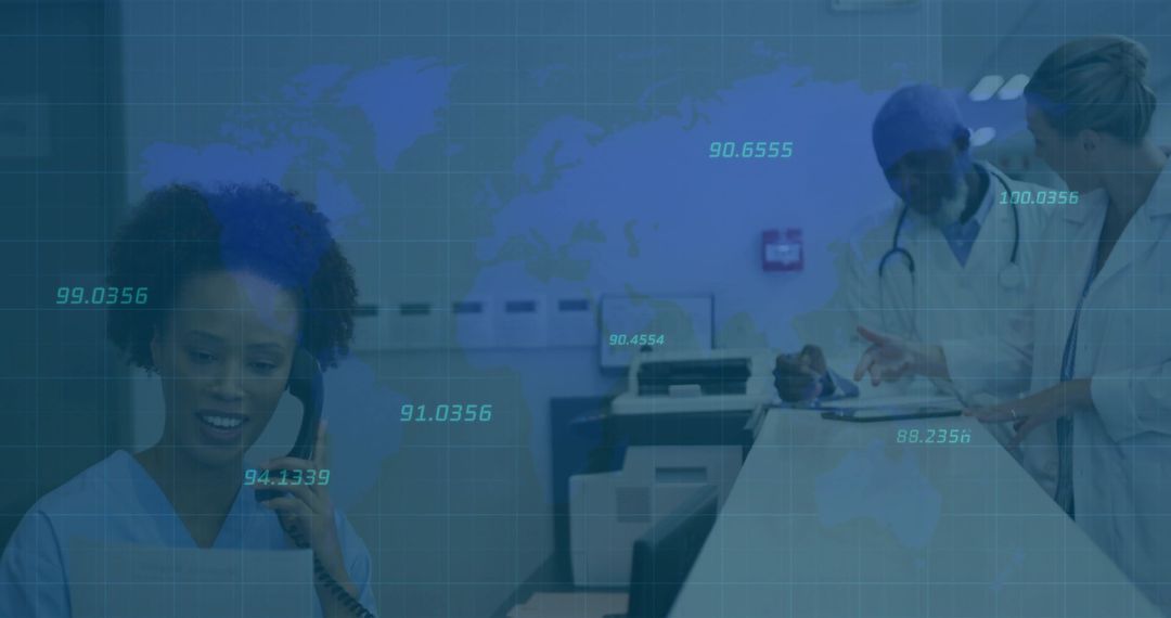 Medical Team Collaborating in Modern Healthcare Facility with Digital Overlay