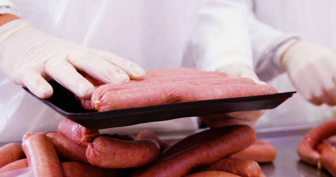 Workers Handling Freshly Made Sausages in Processing Facility - Free Images, Stock Photos and Pictures on Pikwizard.com