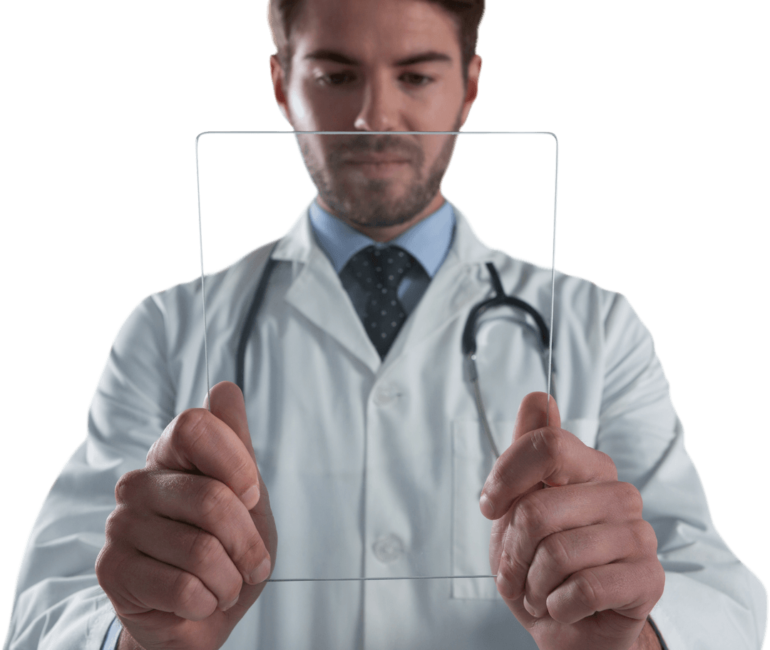 Male Doctor Using Transparent Glass Tablet Technology