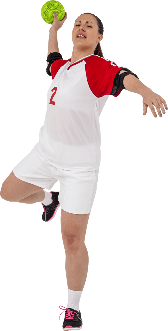 Athletic Sportswoman Throwing Ball with Dynamic Motion on Transparent Background