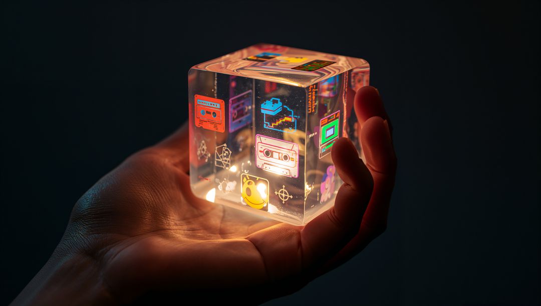 Hand Holding Glowing Retro Pixel Cube with Neon Icons and Cassette Nostalgia
