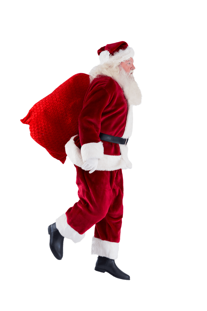 Merry Santa Claus Carrying Red Gift Sack Transparent Background
