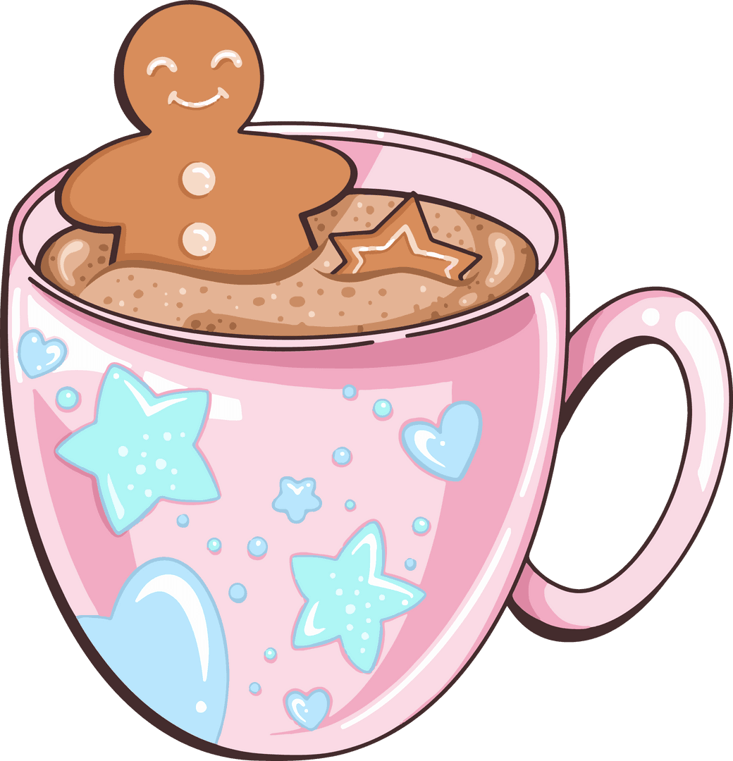 Whimsical Pink Mug with Gingerbread and Cocoa Transparent Background