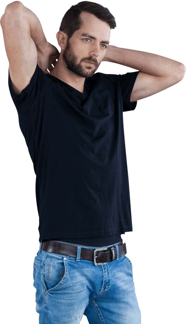 Transparent Casual Young Man Posing with Hands Behind Head