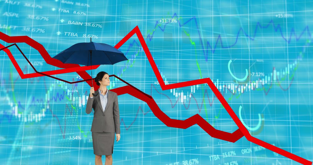 Businesswoman with Umbrella Analyzing Financial Crisis Graph - Free Images, Stock Photos and Pictures on Pikwizard.com