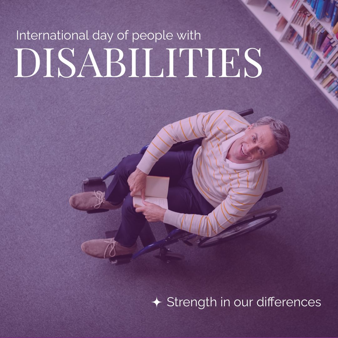 Caucasian Man in Wheelchair Reading in Library for Disability Awareness