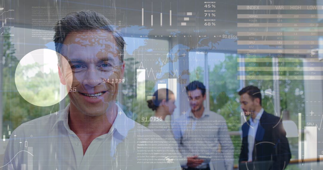 Business People Engaged in Discussion with Digital Data Overlays