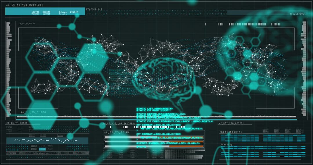 Digital Brain and DNA Data Interface on Dark Background