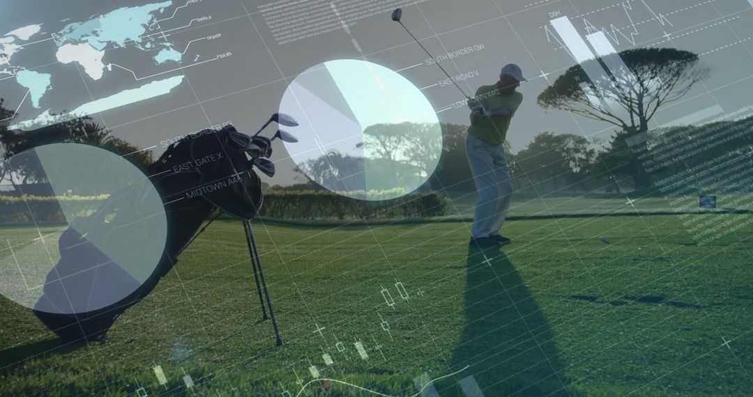 Golfer Analyzing Swing with Digital Infographics Overlay on Fairway
