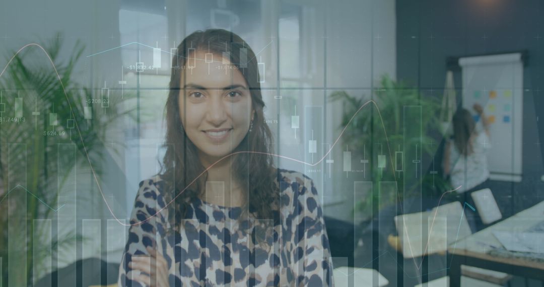 Businesswoman Overlaid with Data Visualizations in an Office Environment