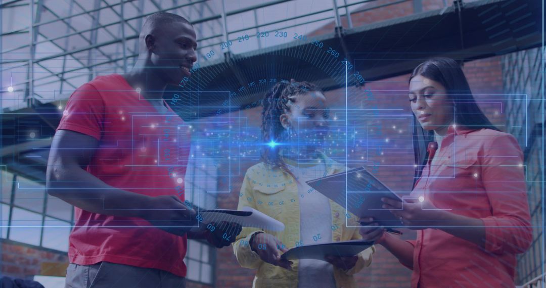 Diverse Team Analyzing Technology with Holographic Interface