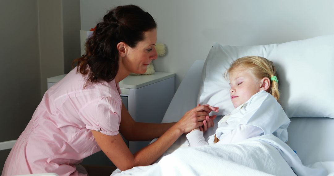 Mom Comforting Injured Daughter in Hospital Bed with Gentle Care - Free Images, Stock Photos and Pictures on Pikwizard.com