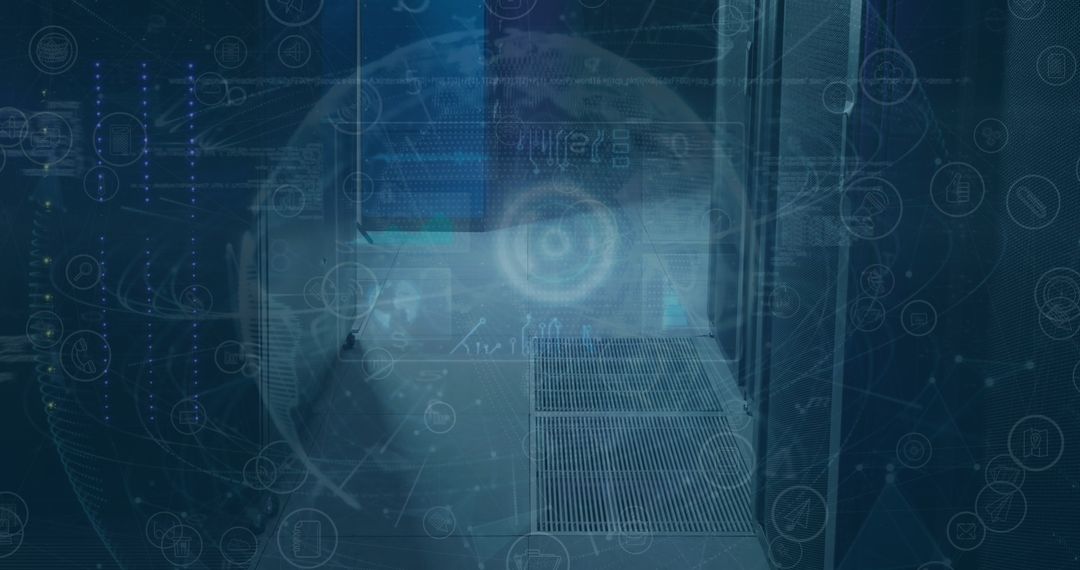 Global Data Security and Digital Processing Illustrated in Server Room