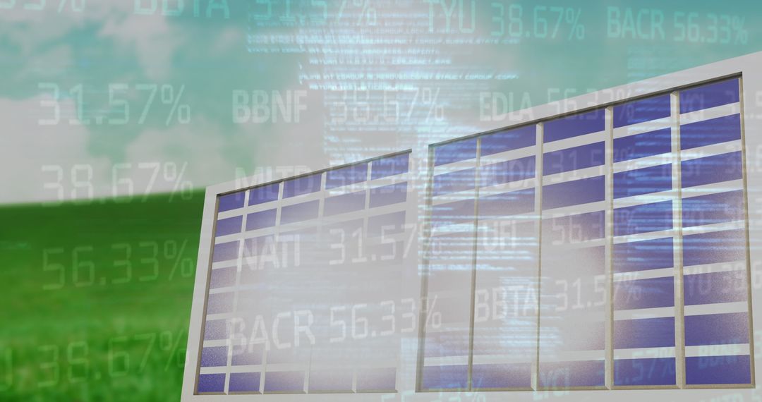 Futuristic Financial Data Overlay on Solar Panels Promoting Green Energy