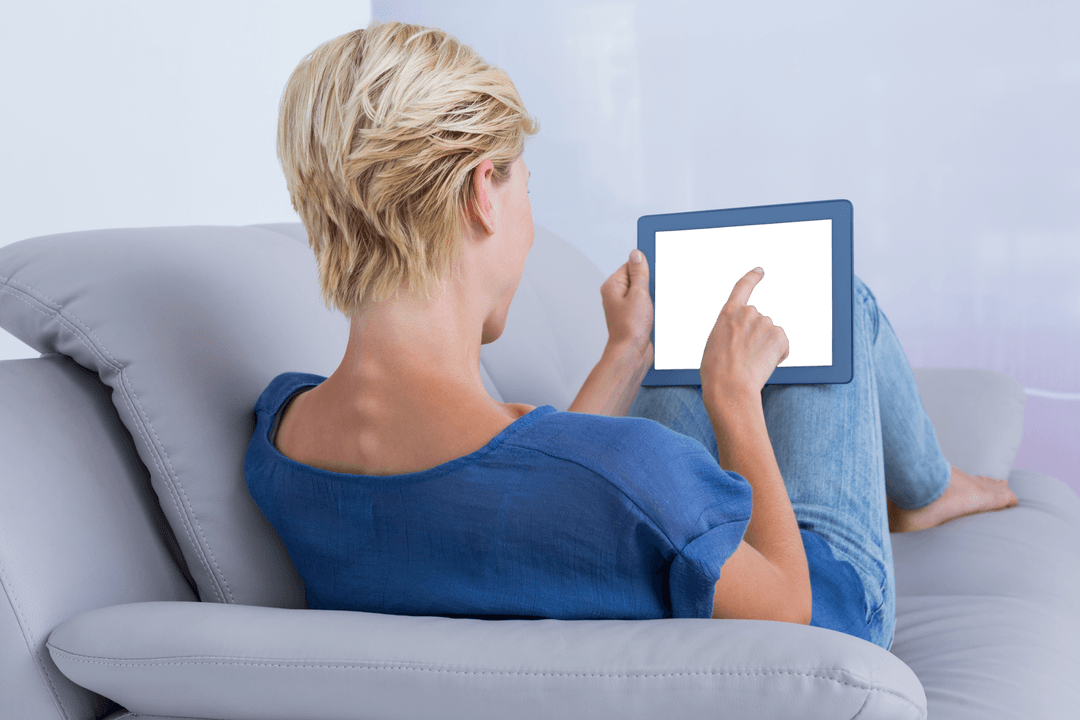 Transparent Background with Woman Using Tablet on Couch