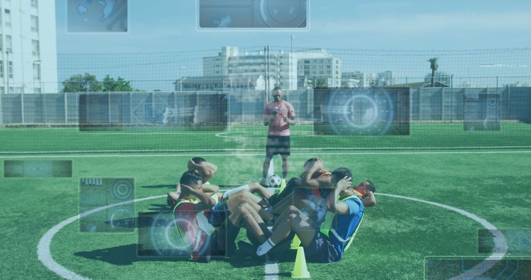 Soccer Players Doing Sit-ups with Futuristic Technology Overlay - Free Images, Stock Photos and Pictures on Pikwizard.com