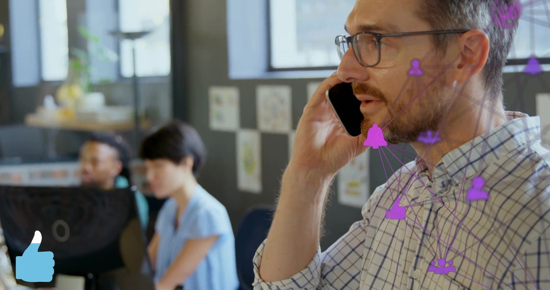 Professional Man Talking on Smartphone in Modern Office with Network Graphics
