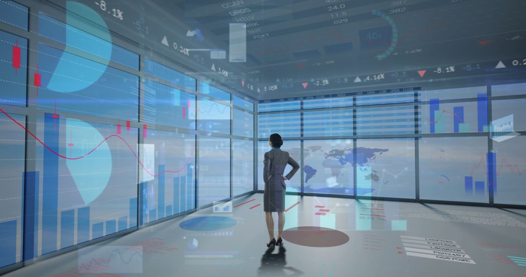 Businesswoman Analyzing Data in Futuristic Technology Room - Free Images, Stock Photos and Pictures on Pikwizard.com