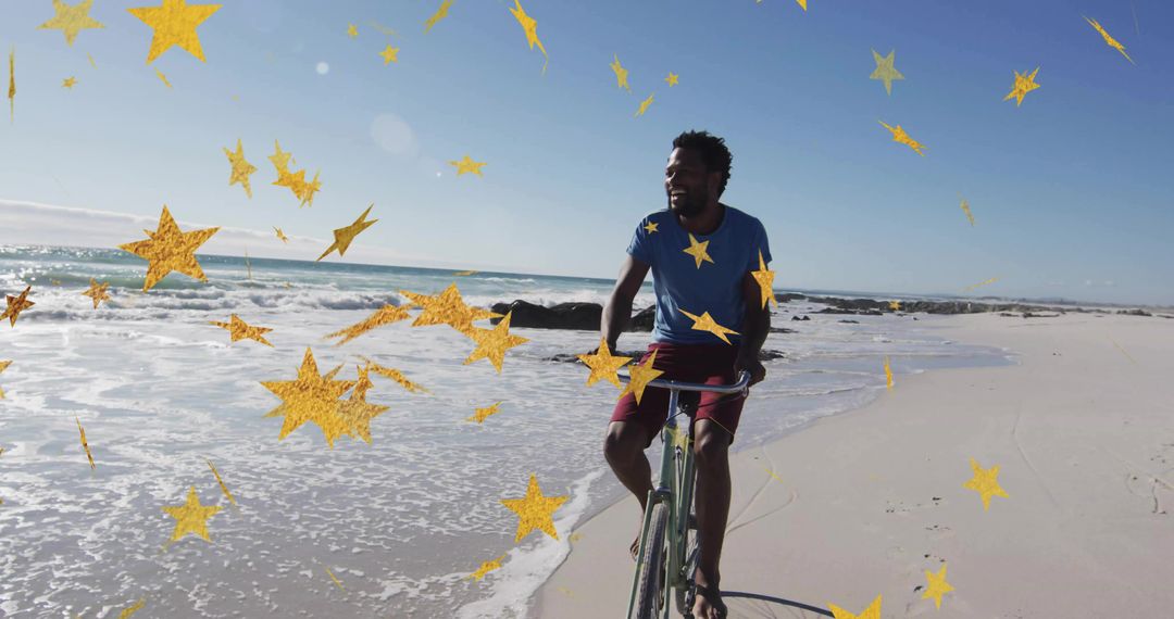 Man Cycling by Ocean with Fantasy Star Overlays