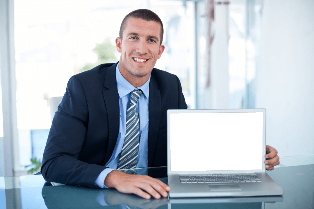Transparent Smiling Businessman Presenting Laptop with Blank Screen