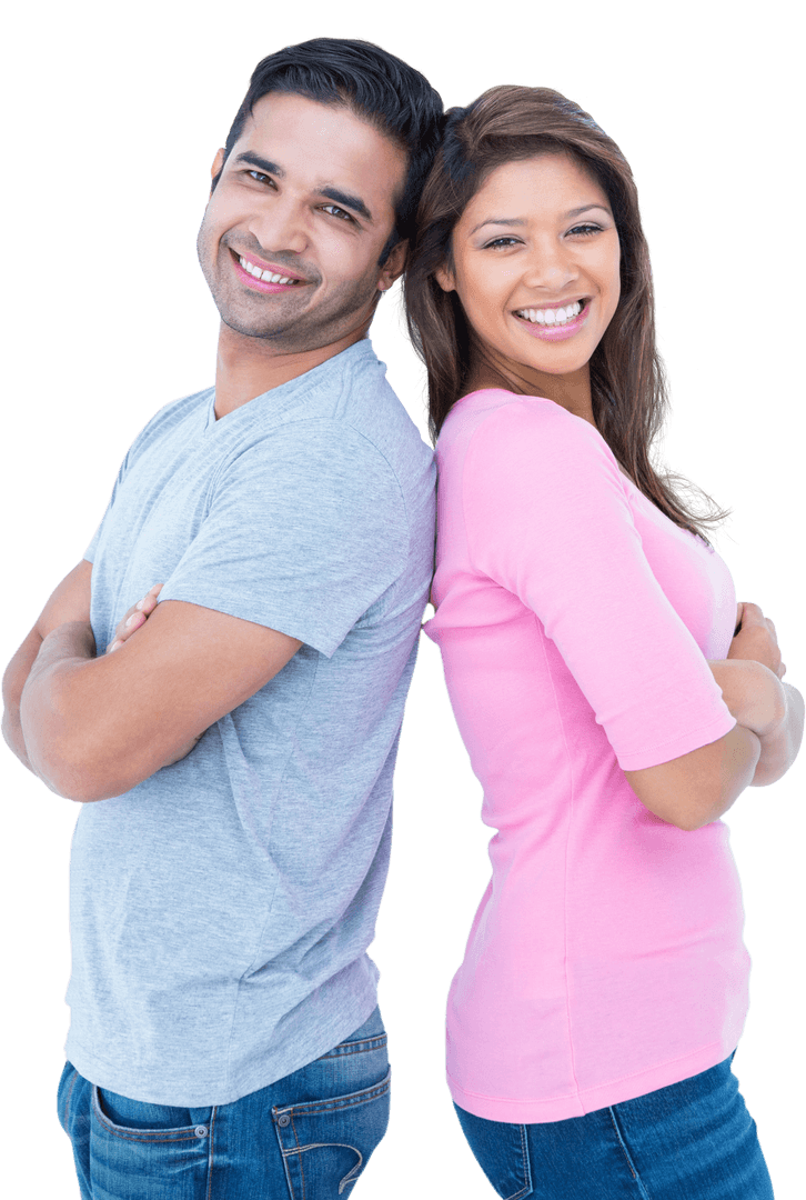 Happy Couple Standing Back to Back with Smiles on Transparent Background