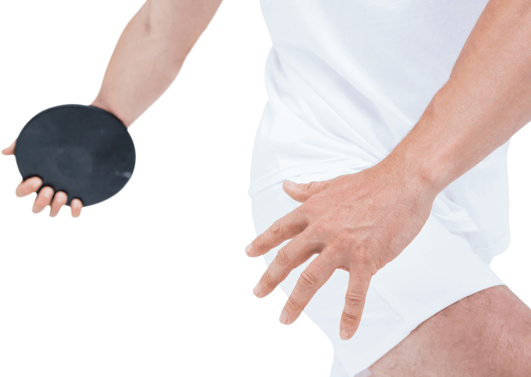 Transparent Background Discus thrower Midsection in Action with Disc